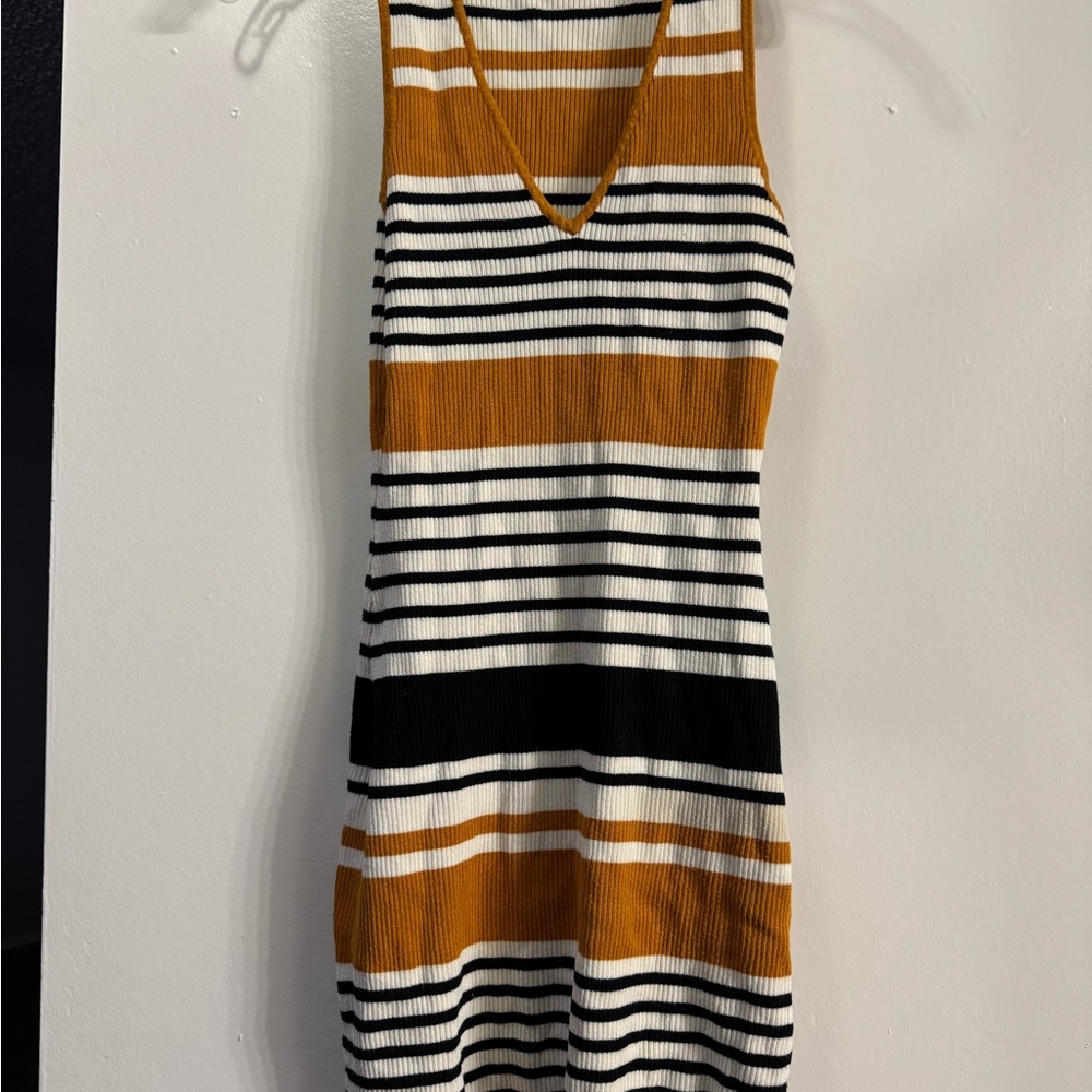 Kendall & Kylie Mustard, Black, and White Striped Mini Dress
